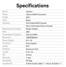 Load image into Gallery viewer, Vention VGA to HDMI™ Converter with Female Micro USB and Audio Port
