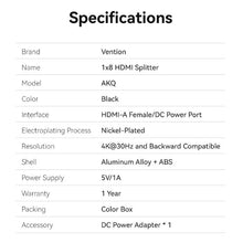 Load image into Gallery viewer, VENTION 4K HDMI Splitter 1 in 8 Out
