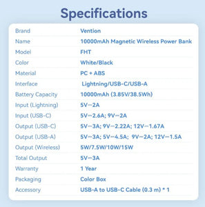 Vention 10000mAh Magnetic Wireless Power Bank 22.5W